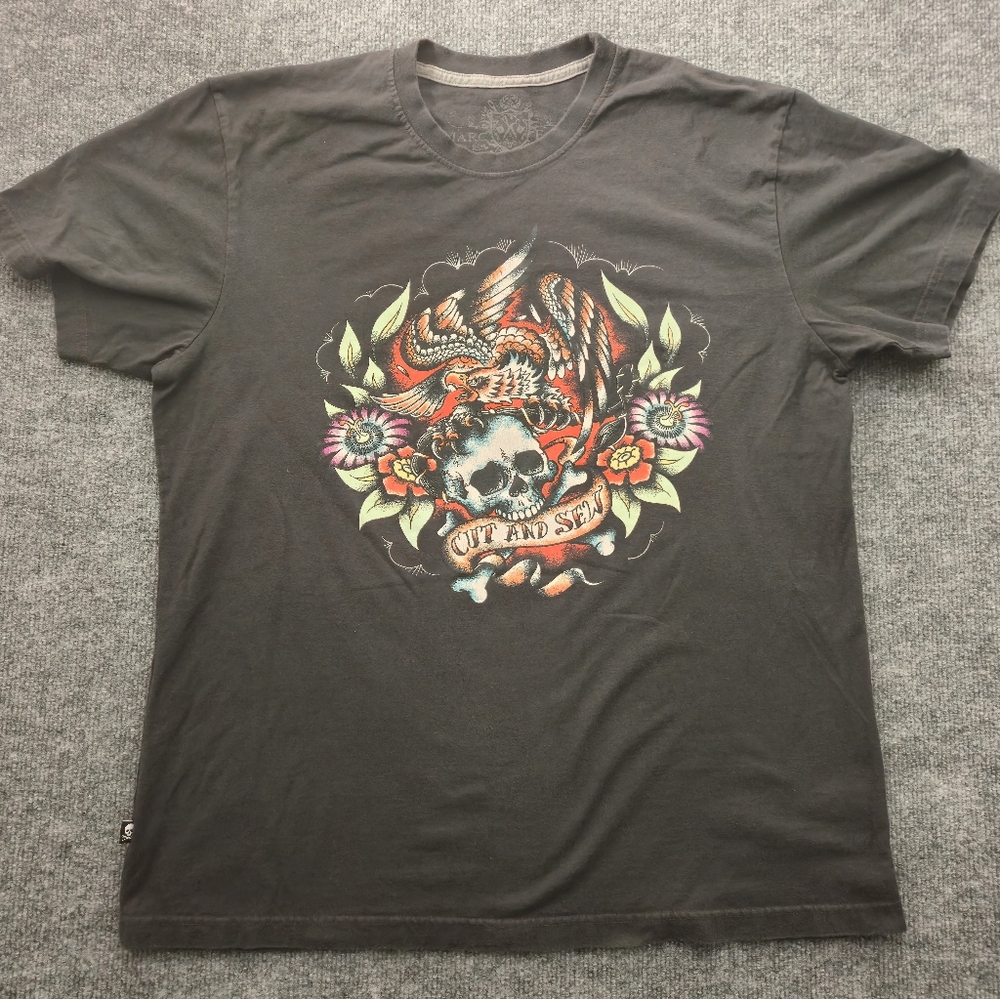 Marc Echo‎ Cut & Sew Skull And Eagle Black Graphic T-Shirt Size Extra Large